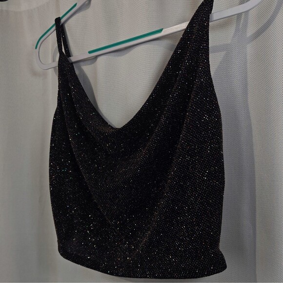 Vtg 90s Mesh Crop Tank Top M Medium Black Whimsigoth Sparkle Glitter Cowl - Picture 3 of 8